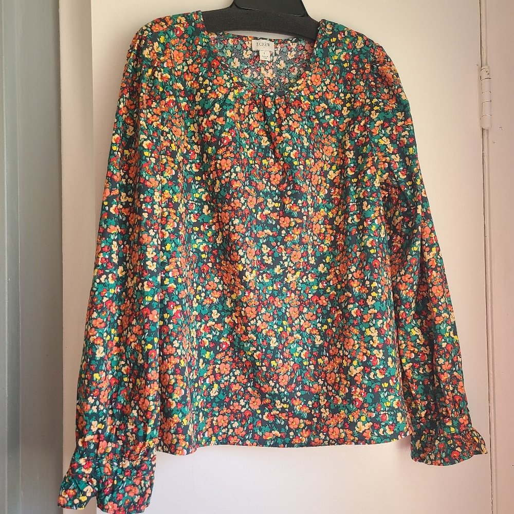 JCrew Floral Long Sleeve Ruffle collar Blouse Size L